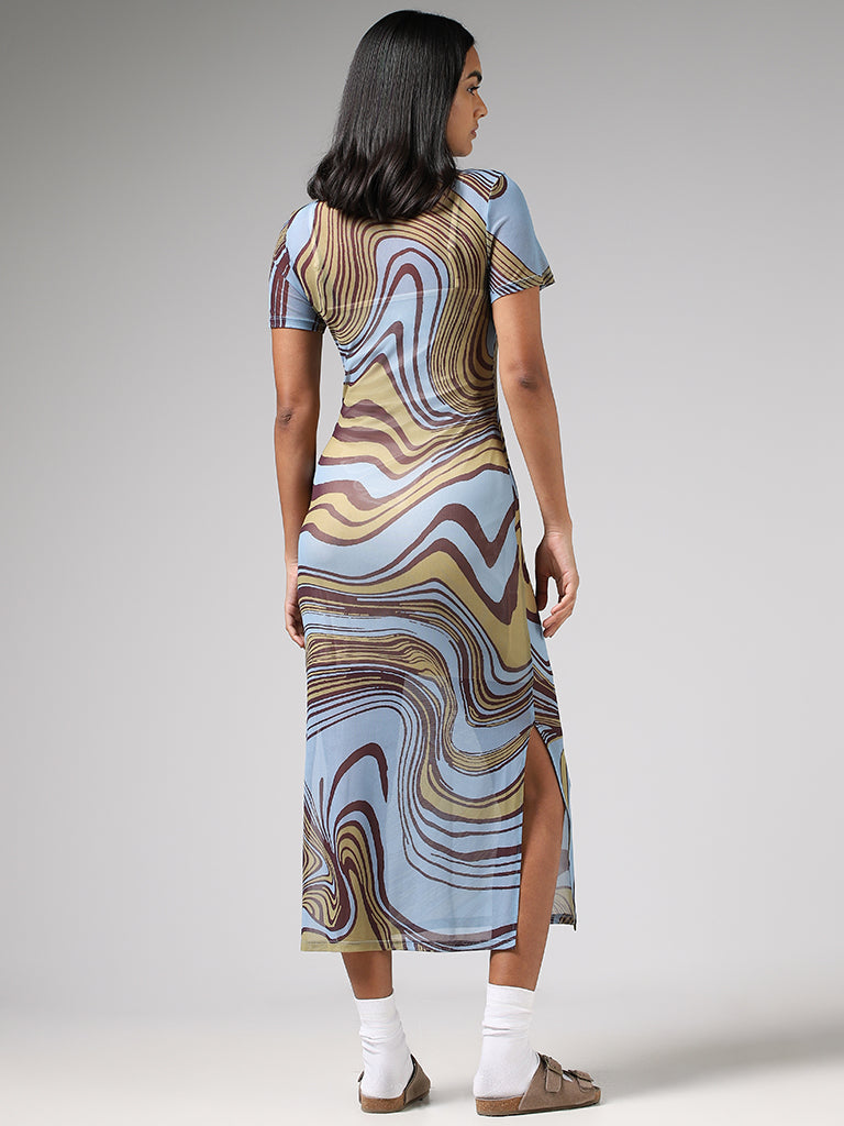 Nuon Light Blue Abstract Printed High-Slit Bodycon Dress