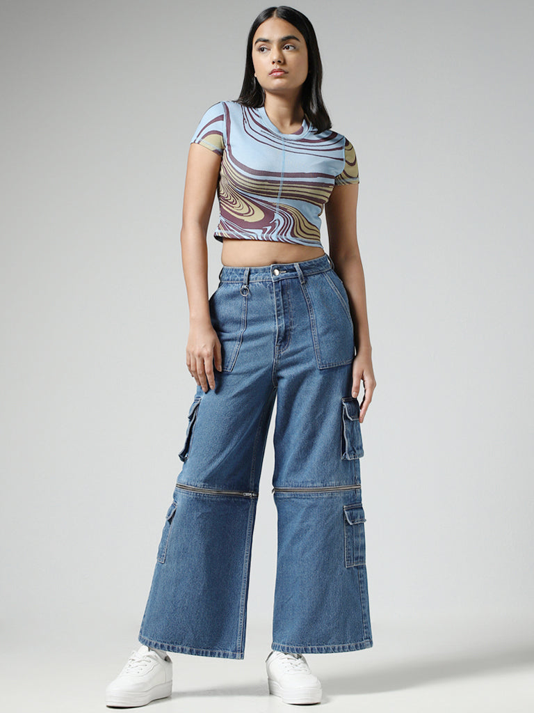 Nuon Light Blue Abstract Printed Crop Top