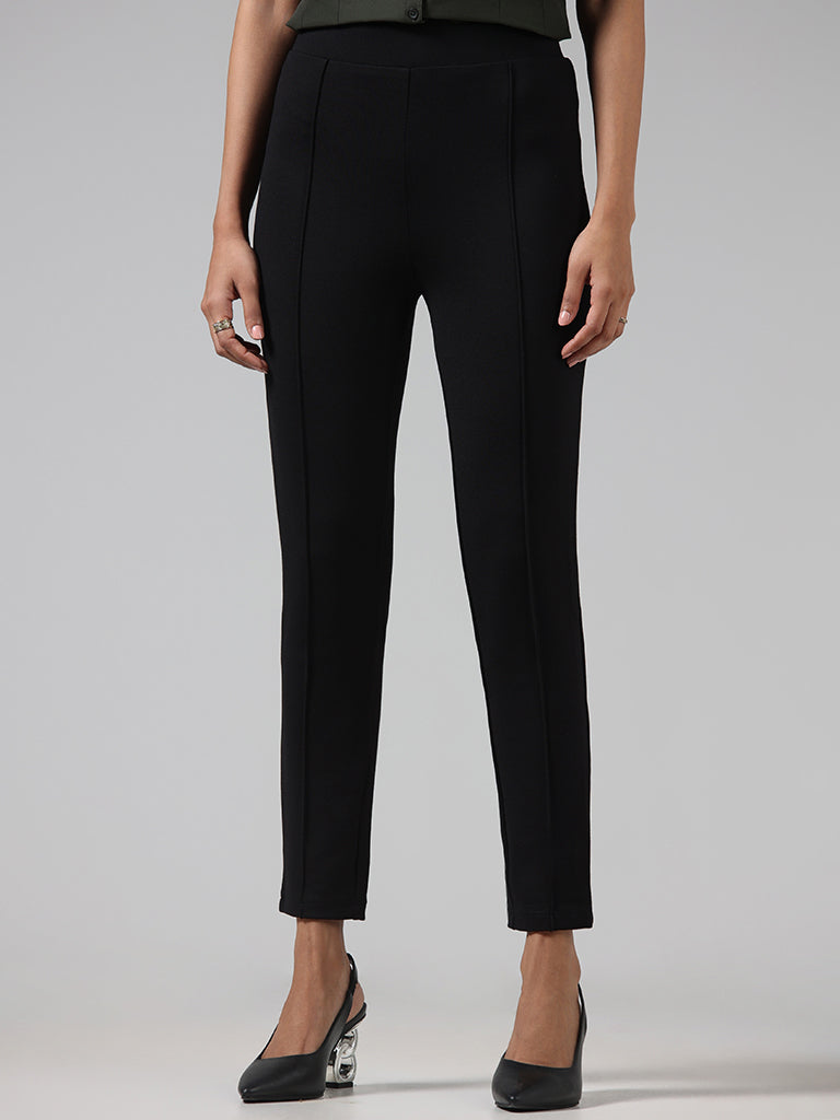 Wardrobe Solid Black Ankle Length Ponte Pants