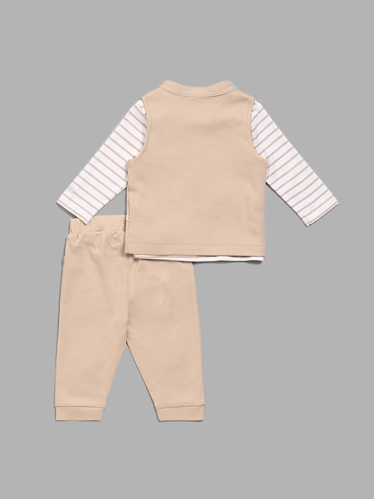 HOP Baby Sheep Patch Beige T-Shirt with Jacket & Pants Set