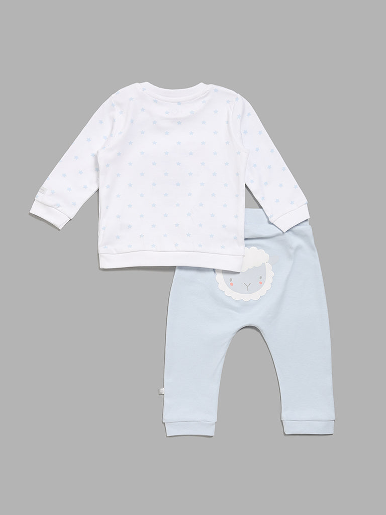 HOP Baby Sheep Adorned White T-Shirt with Blue Pants