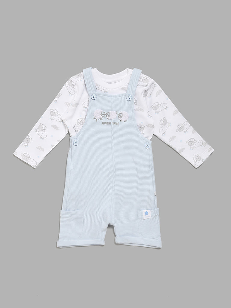 HOP Baby Sheep Adorned White T-Shirt with Blue Dungaree