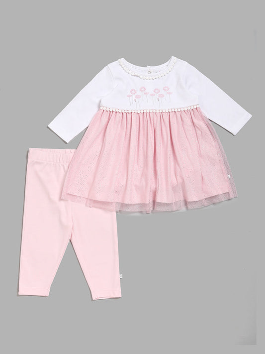 HOP Baby Floral Embroidered Pink A-Line Top with Pants Set