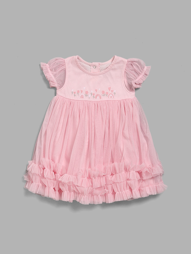 HOP Baby Pink Floral Embroidered A-Line Dress