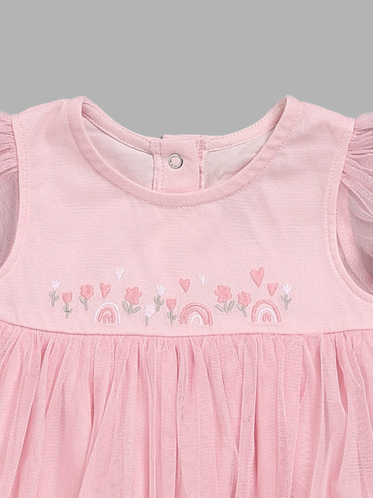 HOP Baby Pink Floral Embroidered A-Line Dress