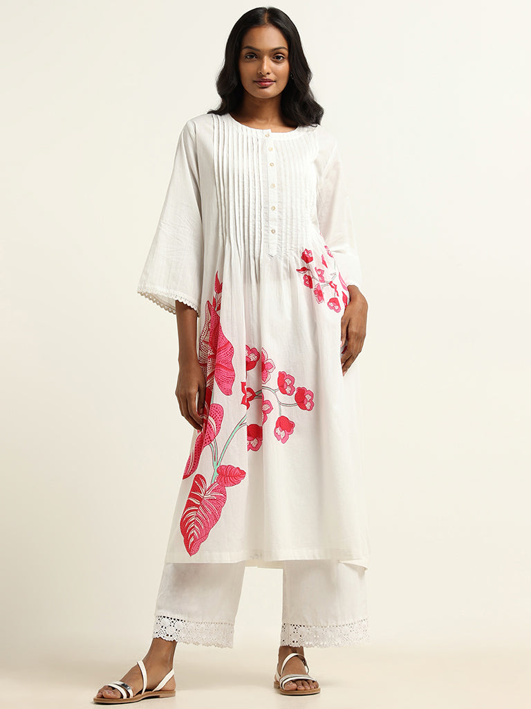 Utsa White Printed Cotton Kurta