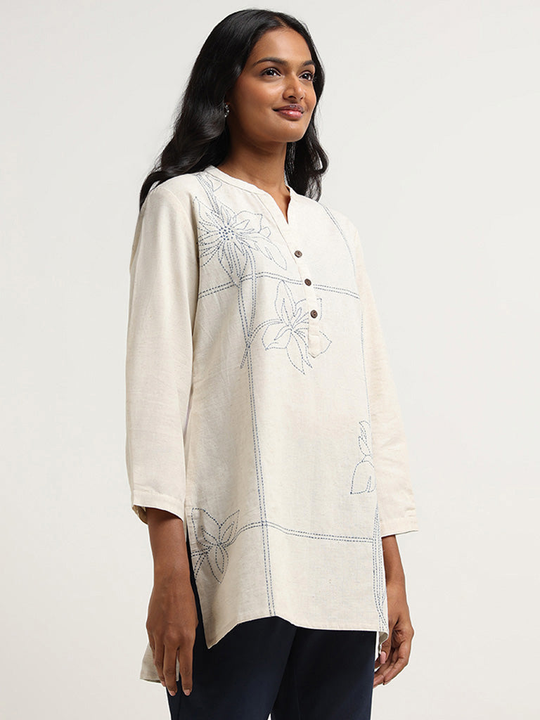 Utsa Off-White Floral Embroidered Cotton Kurti