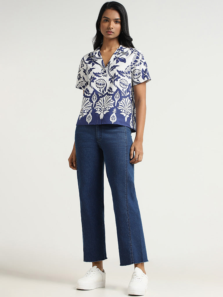 LOV Navy Printed Cotton Shirt