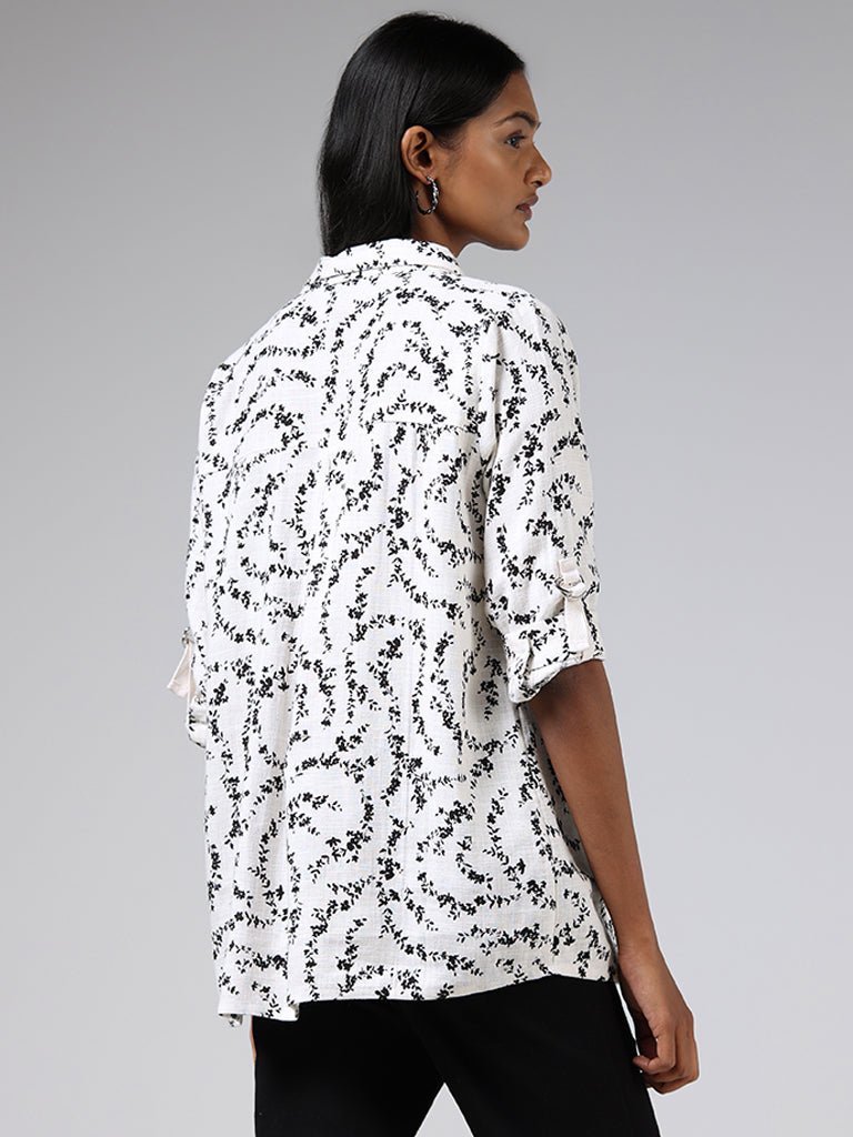 LOV Off White Floral Blended Linen Shirt