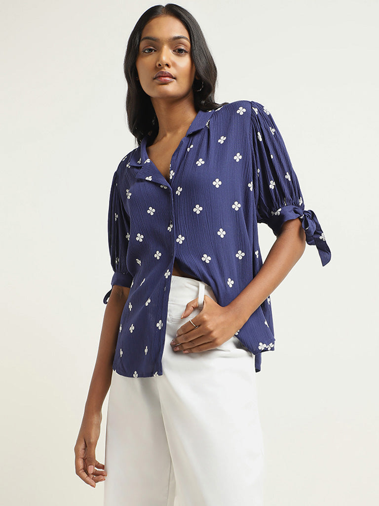 LOV Navy Printed Cotton Shirt