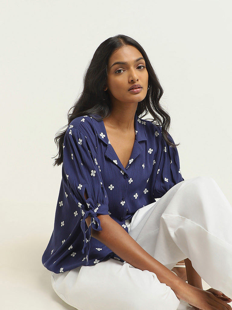 LOV Navy Printed Cotton Shirt