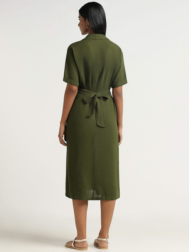 LOV Green Blended Linen Dress with Belt