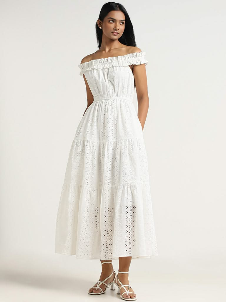 LOV White Cotton Schiffli Dress