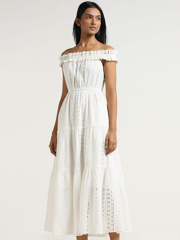 LOV White Cotton Schiffli Dress