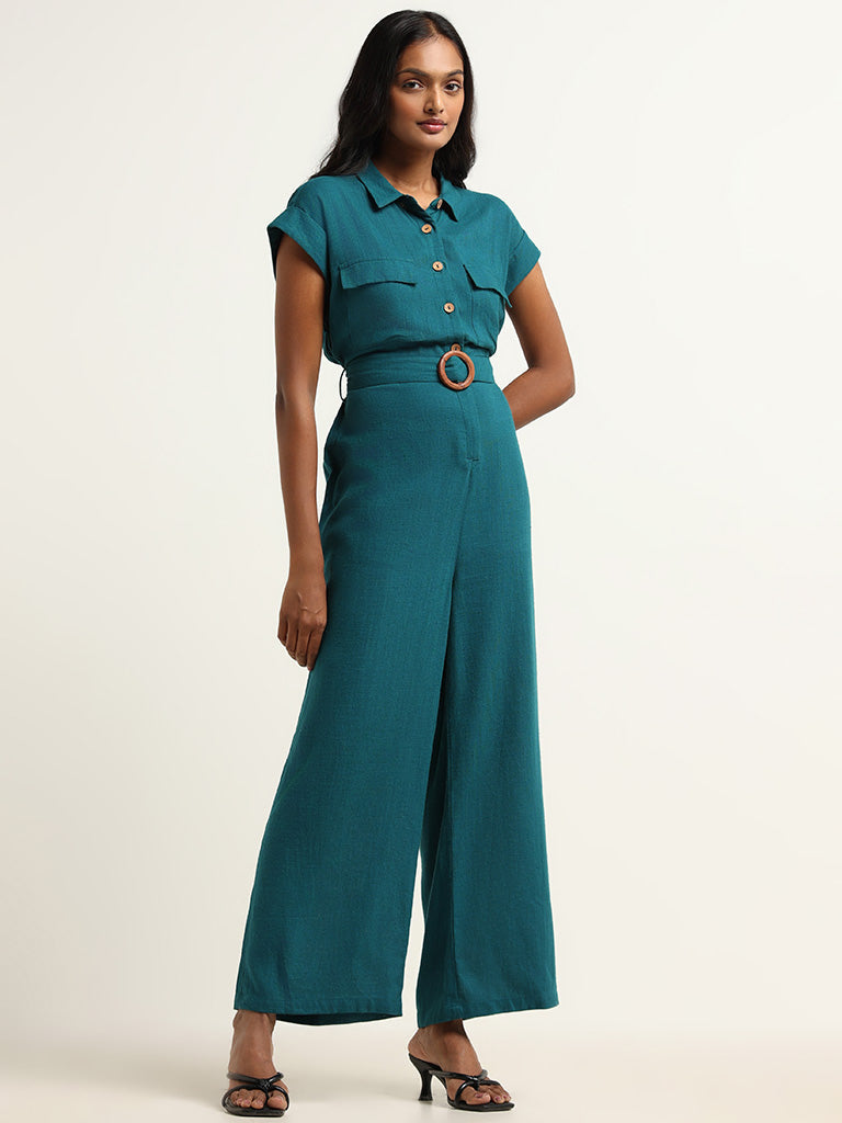 LOV Teal Blended Linen Jumpsuit