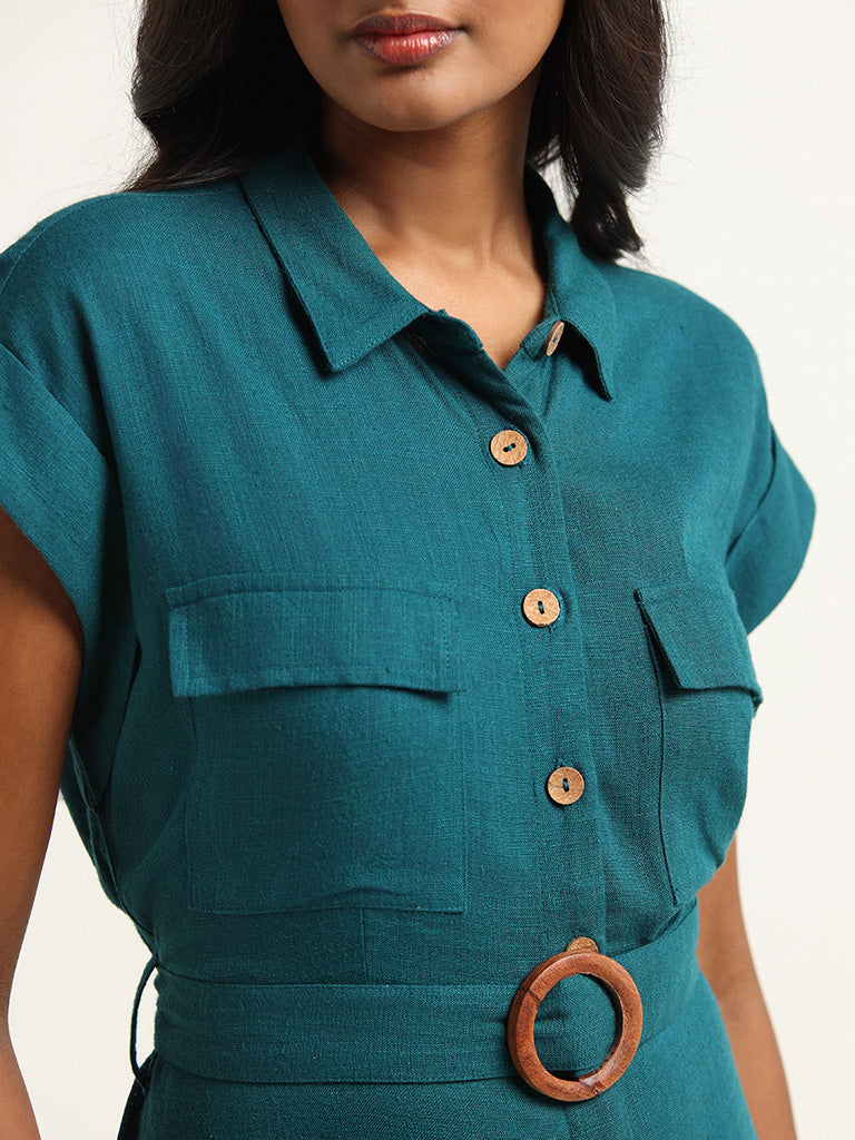 LOV Teal Blended Linen Jumpsuit