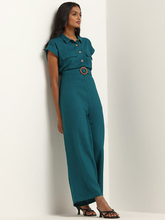 LOV Teal Blended Linen Jumpsuit