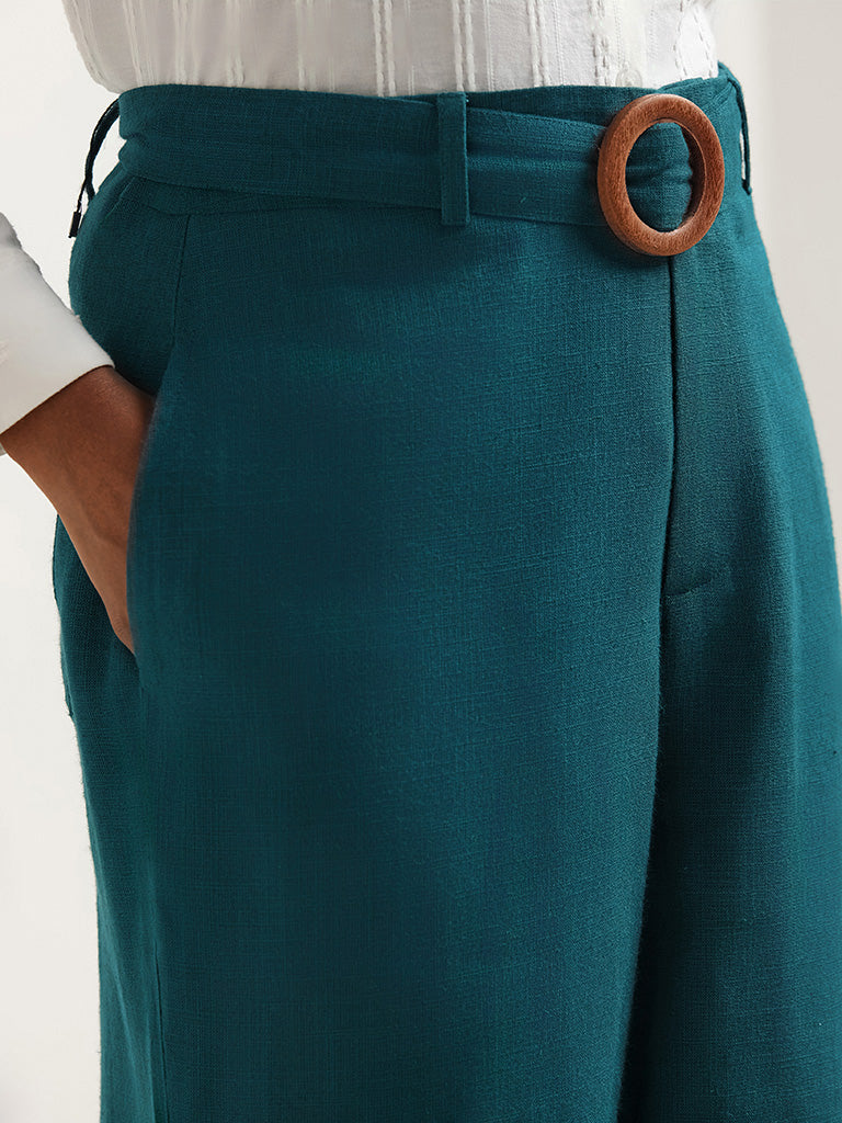 LOV Teal High-Waist Blended Linen Trousers With Fabric Belt