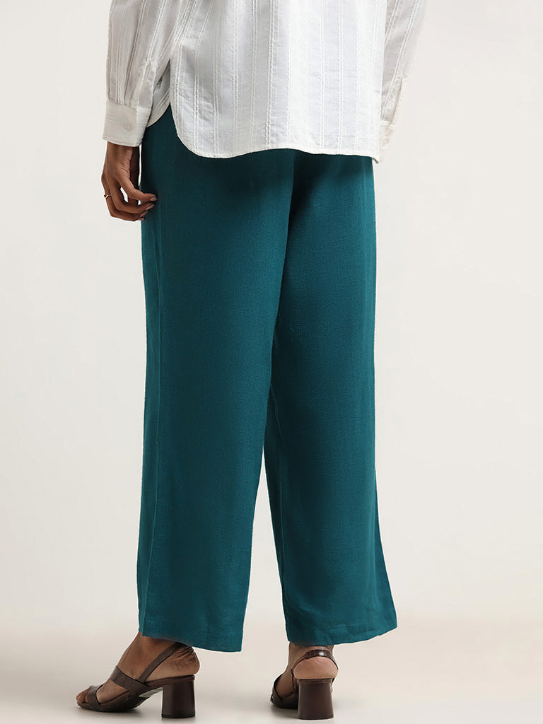 LOV Teal High-Waist Blended Linen Trousers With Fabric Belt