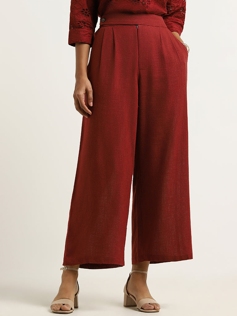 LOV Red Wide-Leg Blended Linen Pants