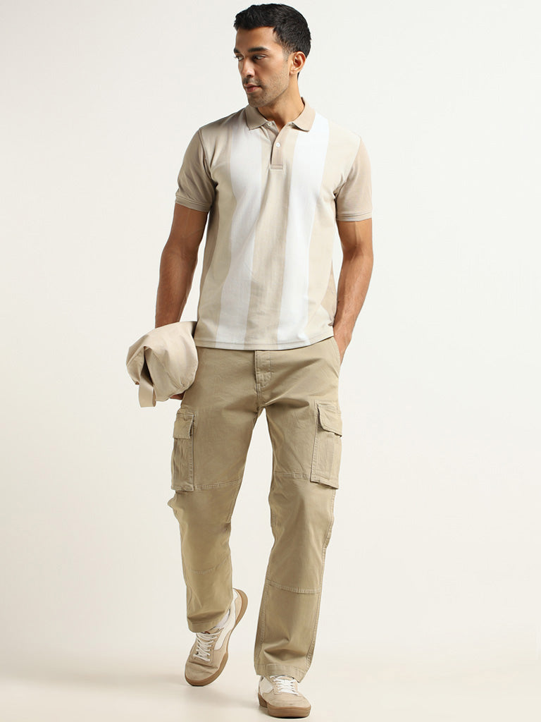 WES Casuals Solid Beige Cotton Blend Relaxed Fit Cargo