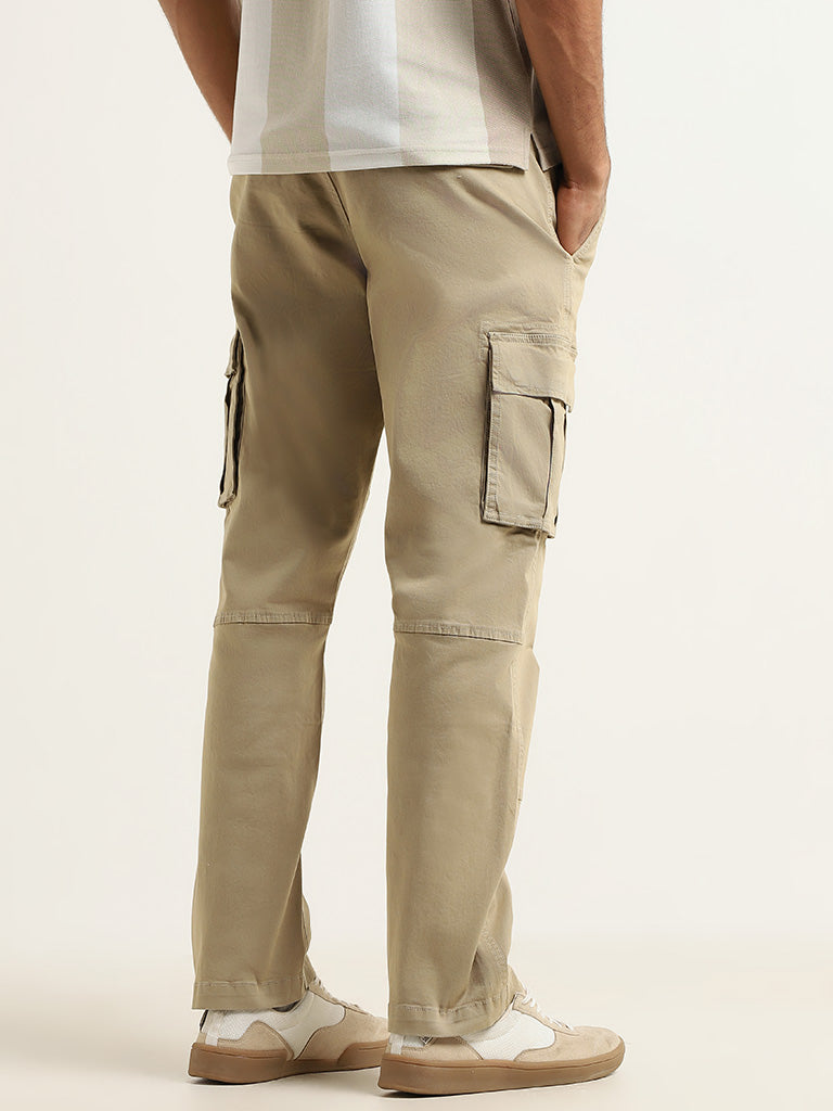 WES Casuals Solid Beige Cotton Blend Relaxed Fit Cargo