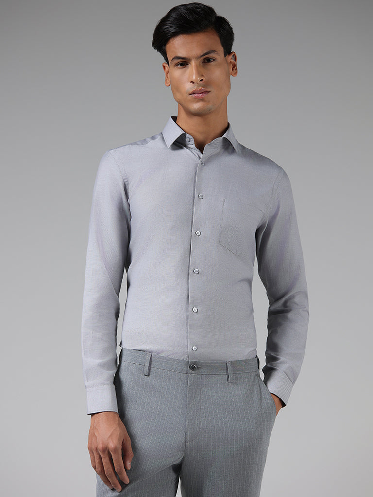 WES Formals Grey Cotton Blend Slim Fit Shirt