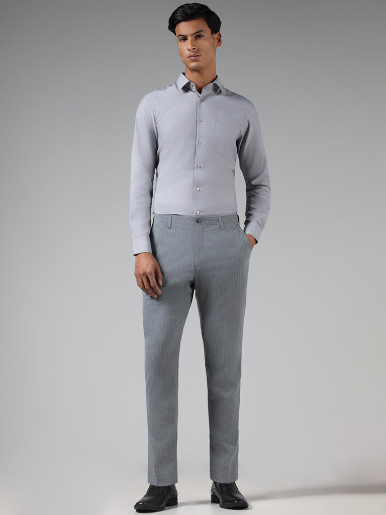 WES Formals Grey Cotton Blend Slim Fit Shirt