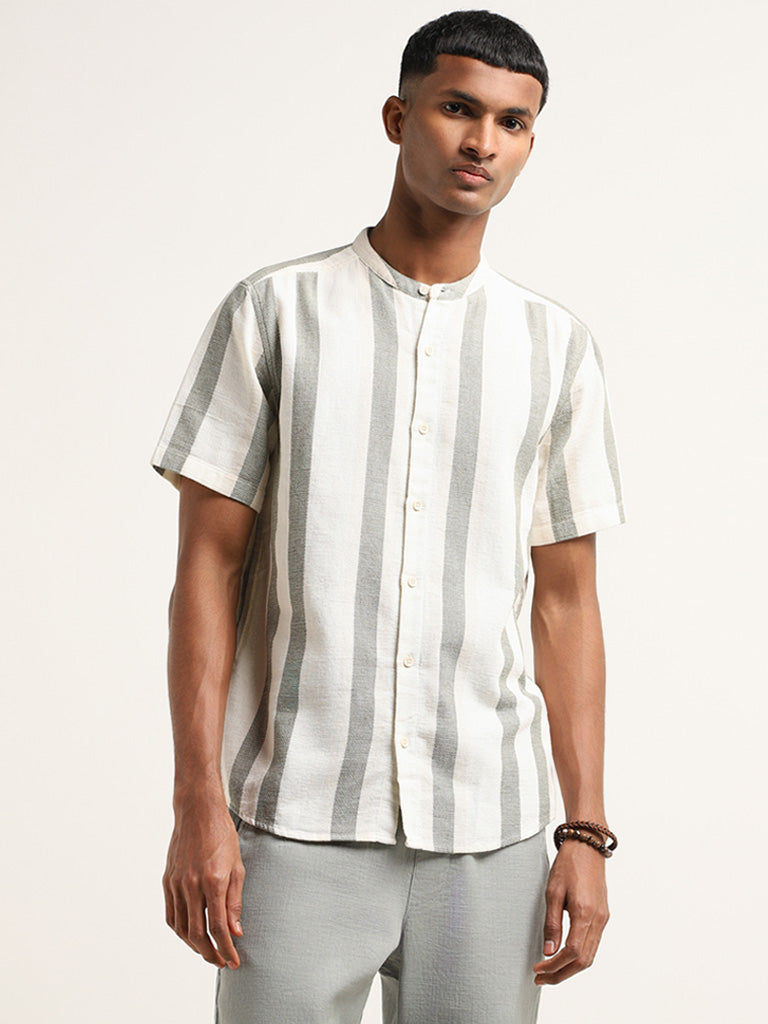 ETA Off White Striped Cotton Resort Fit Shirt