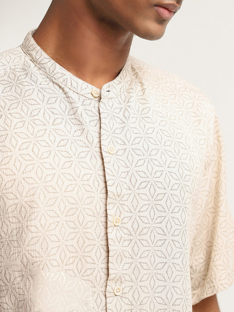 ETA Beige Printed Cotton Relaxed Fit Shirt