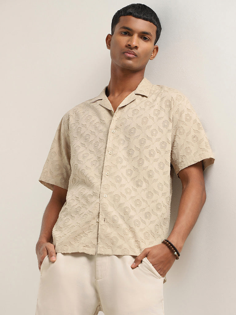 ETA Beige Self-Patterned Cotton Relaxed Fit Shirt