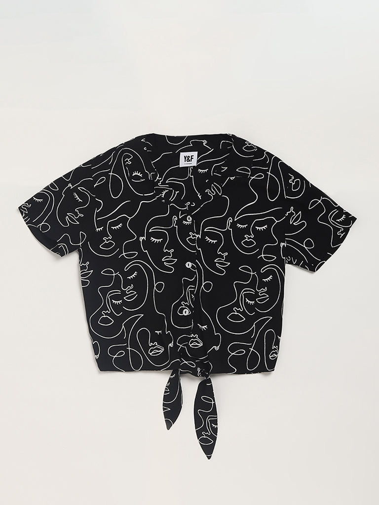 Y&F Kids Black Printed Tie-Up Shirt