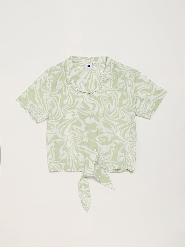 Y&F Kids Green Printed Tie-Up Shirt