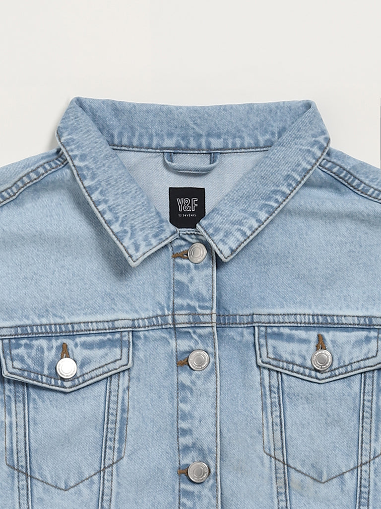 Y&F Kids Printed Blue Denim Jacket