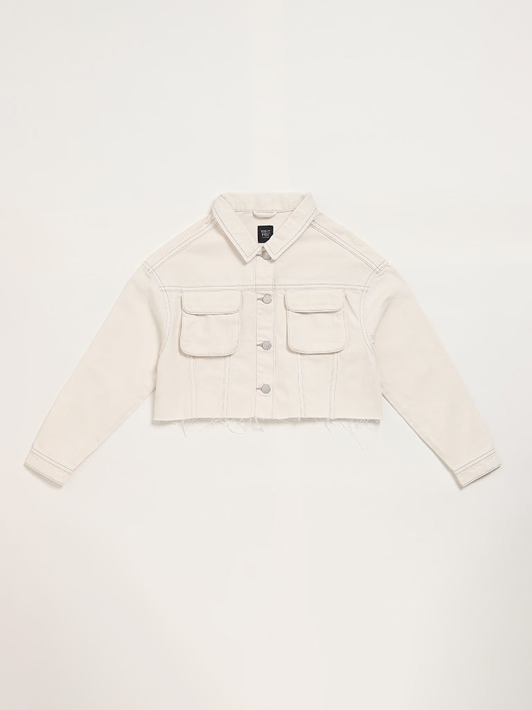 Y&F Kids Solid Off White Denim Jacket