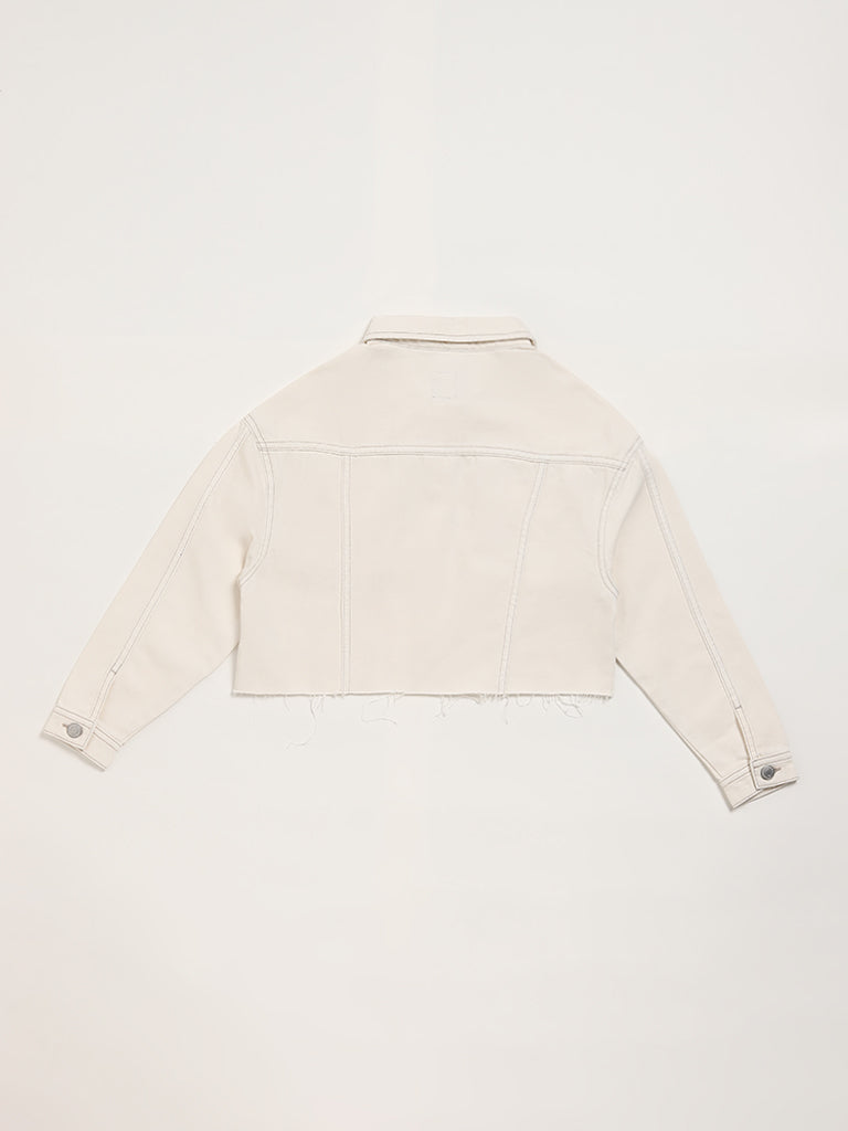 Y&F Kids Solid Off White Denim Jacket