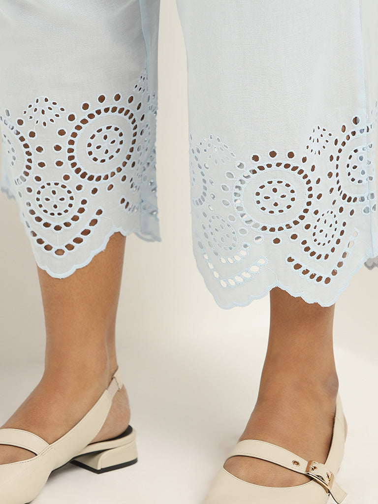 Diza Light Blue Cotton Cutwork Pants