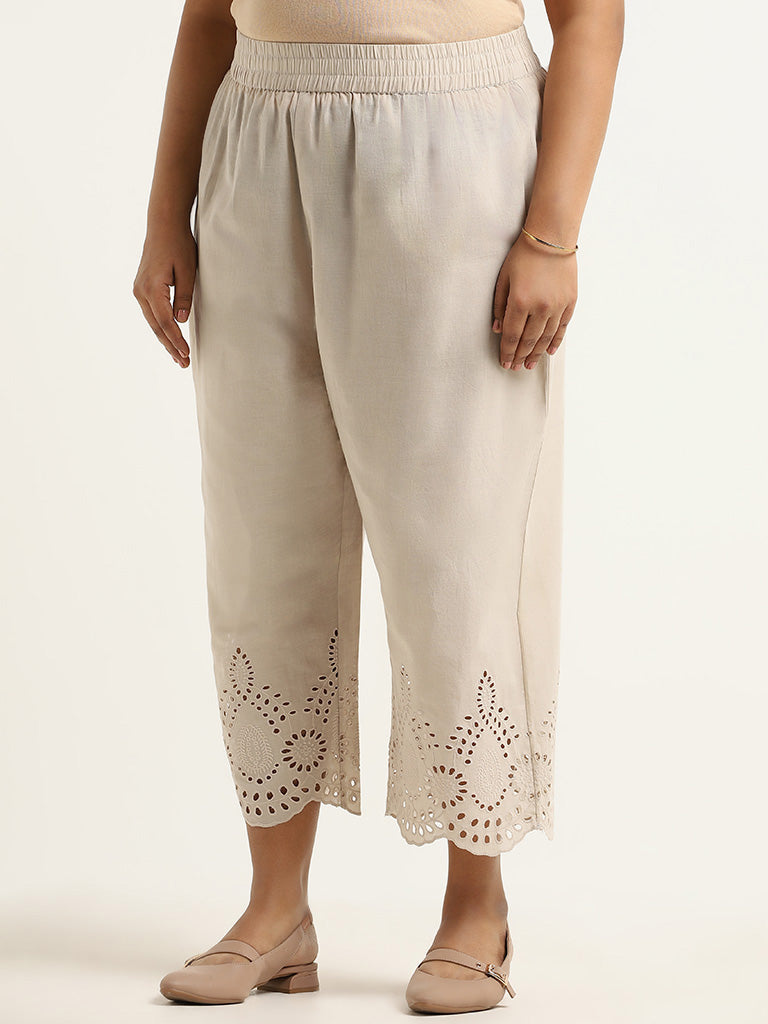 Diza Beige Cotton Cutwork Pants