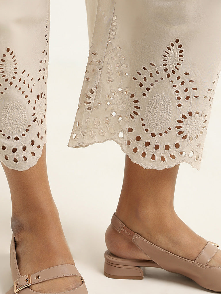 Diza Beige Cotton Cutwork Pants