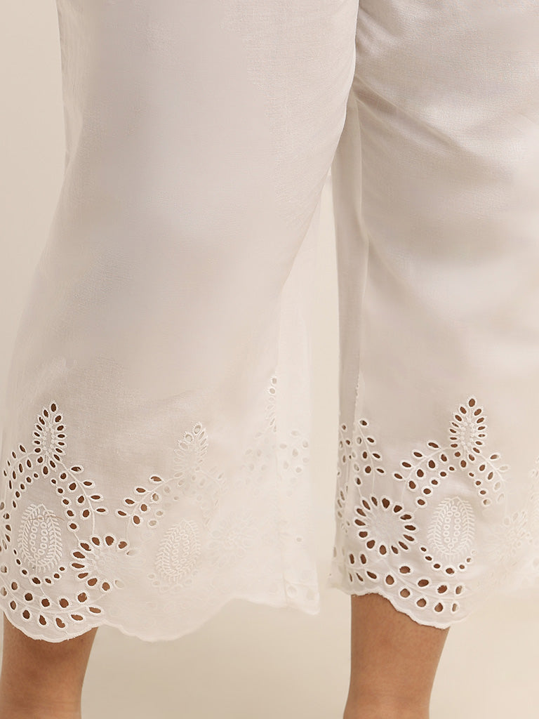 Diza White Embroidered Cotton Pants