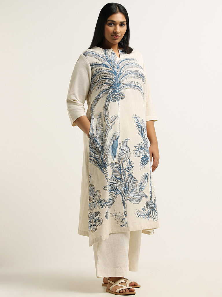 Diza Indigo Printed Blended Linen Kurta