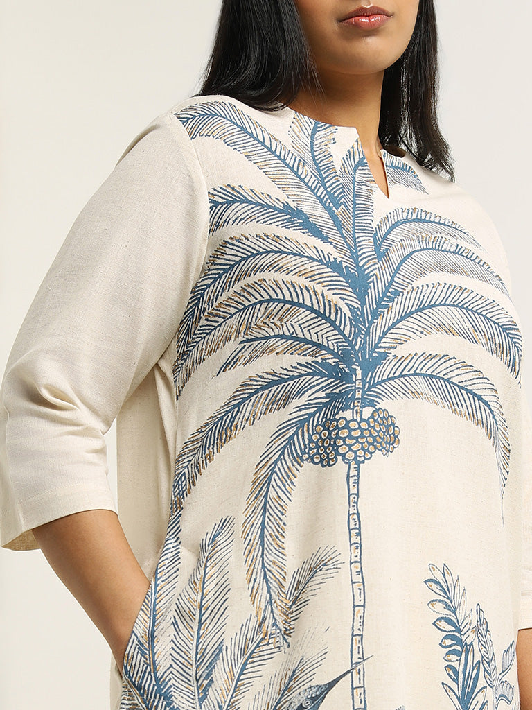 Diza Indigo Printed Blended Linen Kurta