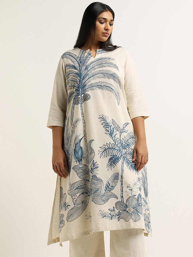 Diza Indigo Printed Blended Linen Kurta