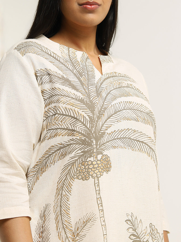 Diza Beige Printed Blended Linen Kurta