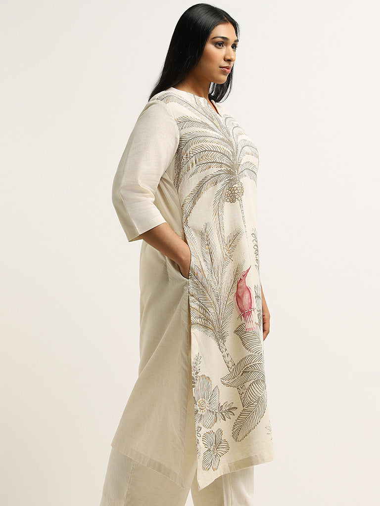 Diza Beige Printed Blended Linen Kurta