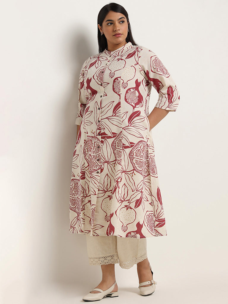 Diza Red Printed Cotton Blend Kurta