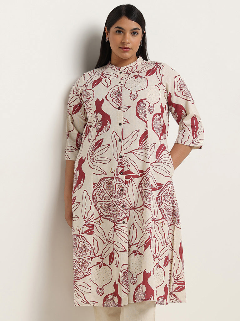 Diza Red Printed Cotton Blend Kurta