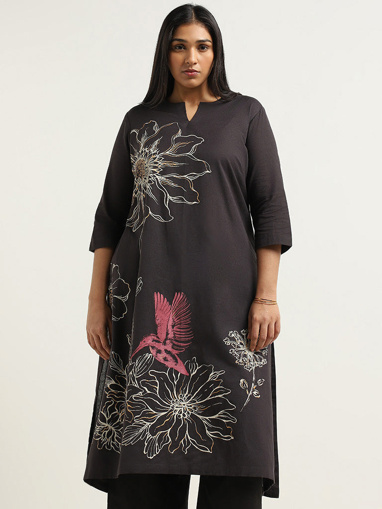 Diza Black Floral Printed Blended Linen Kurta