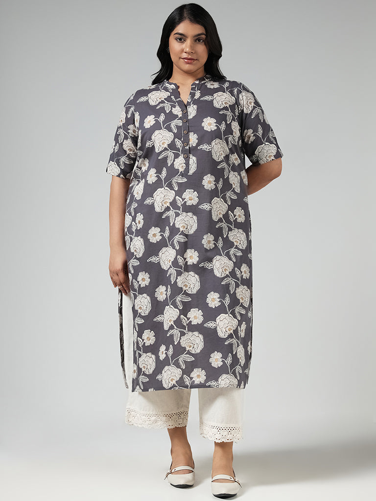 Diza Grey Floral Printed Cotton Kurta