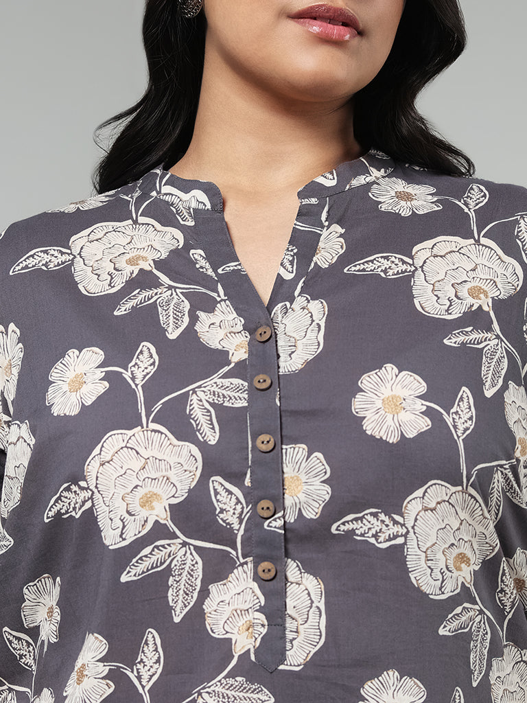 Diza Grey Floral Printed Cotton Kurta